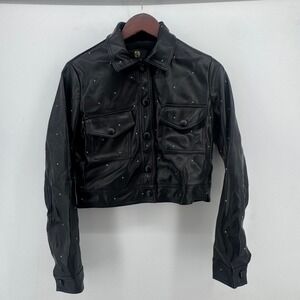 House of Harlow 1960 Black Faux Leather Studded Cropped Jacket Women Size Small